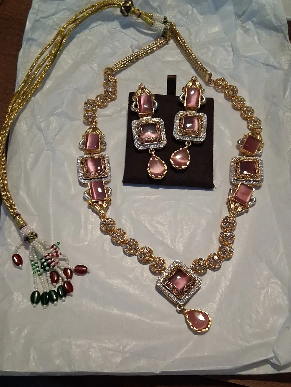 Gold-Tone Pink Stone Necklace & Earring Set